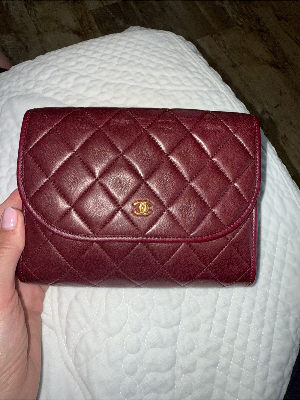 CHANEL Quilted Leather Wallet in Wine Red with Gold CC
